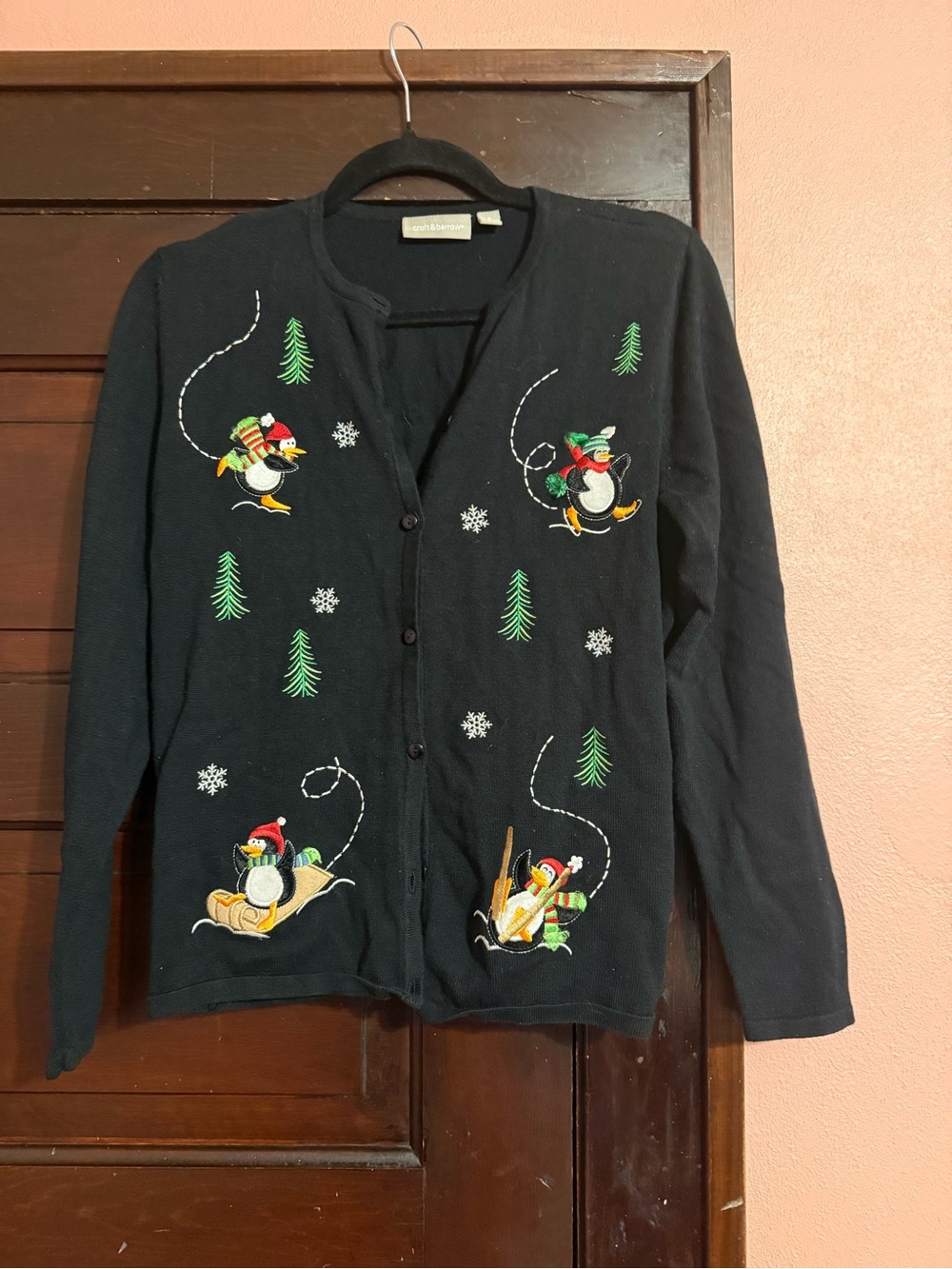 Black Holiday Penguin Embroidered Cardigan Ugly Christmas Festive Sweater